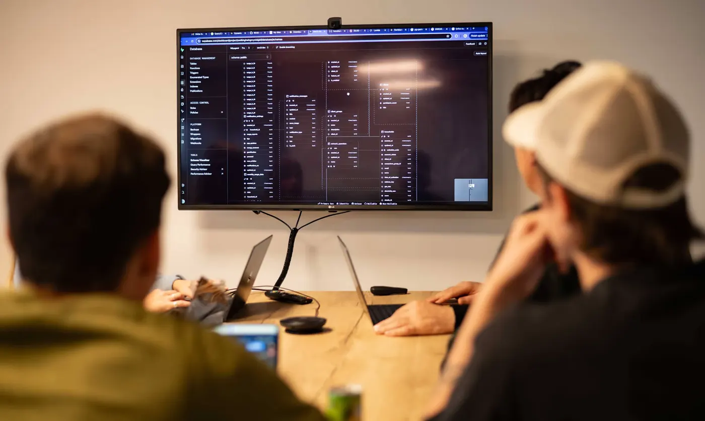 Ein Engineer, der mit einem Client-Team ein Datenbankschema bespricht